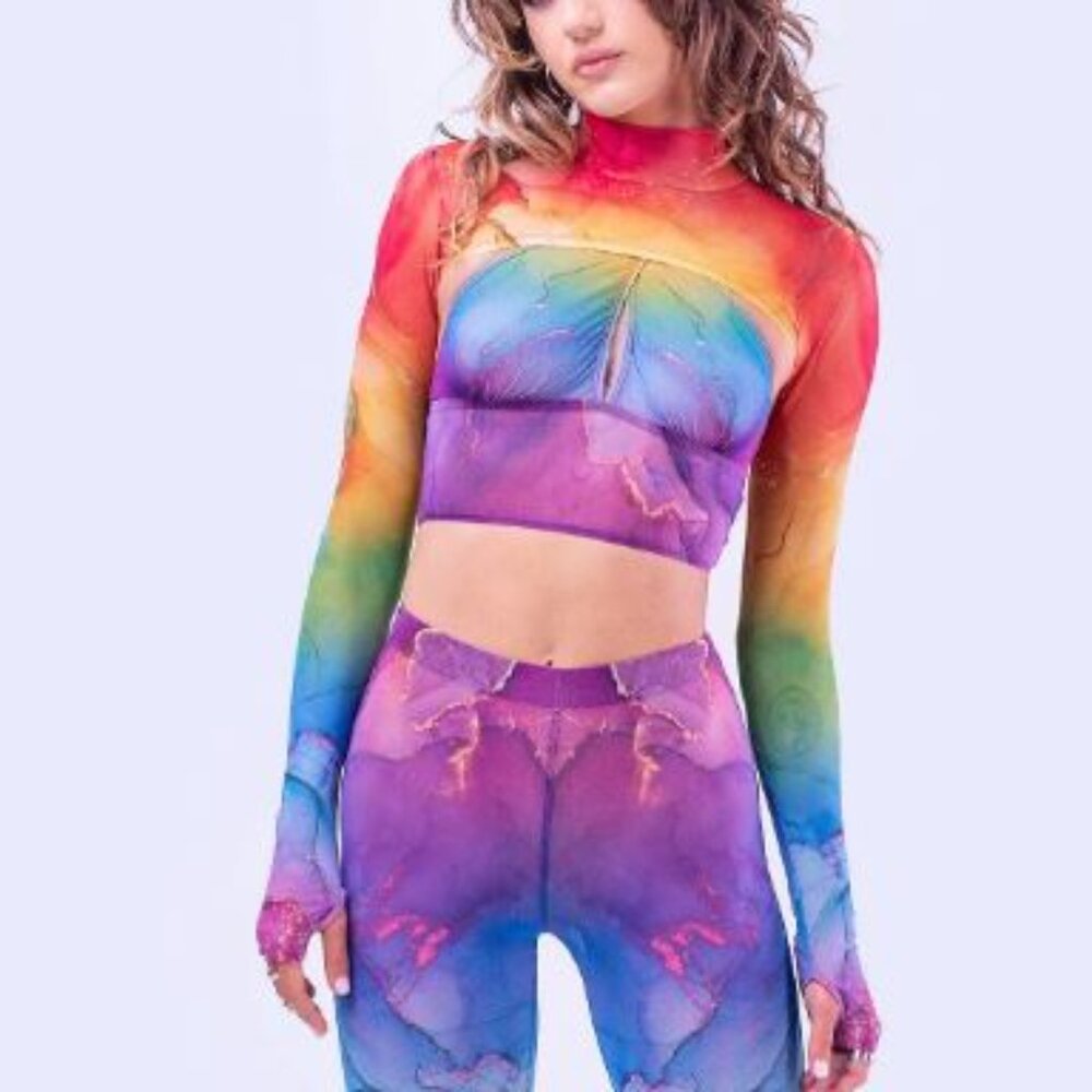 Women's Rainbow Tie-Dye Long Sleeve Crop Tank Top